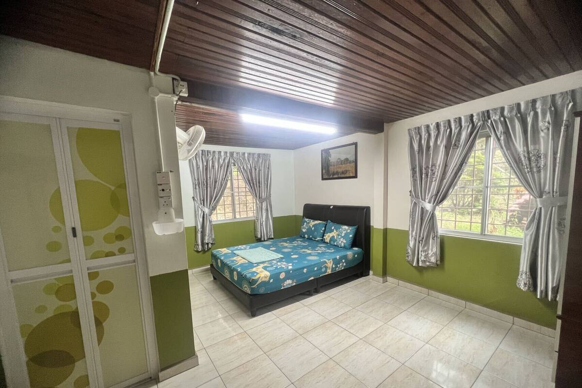 Une chambre à coucher avec un lit, un ventilateur, une fenêtre avec des rideaux et un mur vert.