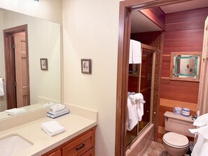 Combined shower/tub, hair dryer