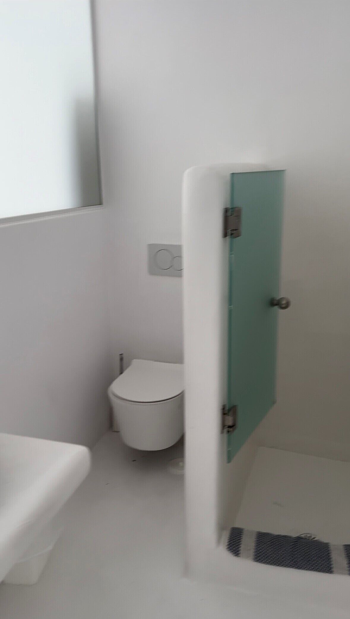 A bathroom with a toilet, a sink, and a shower area.
