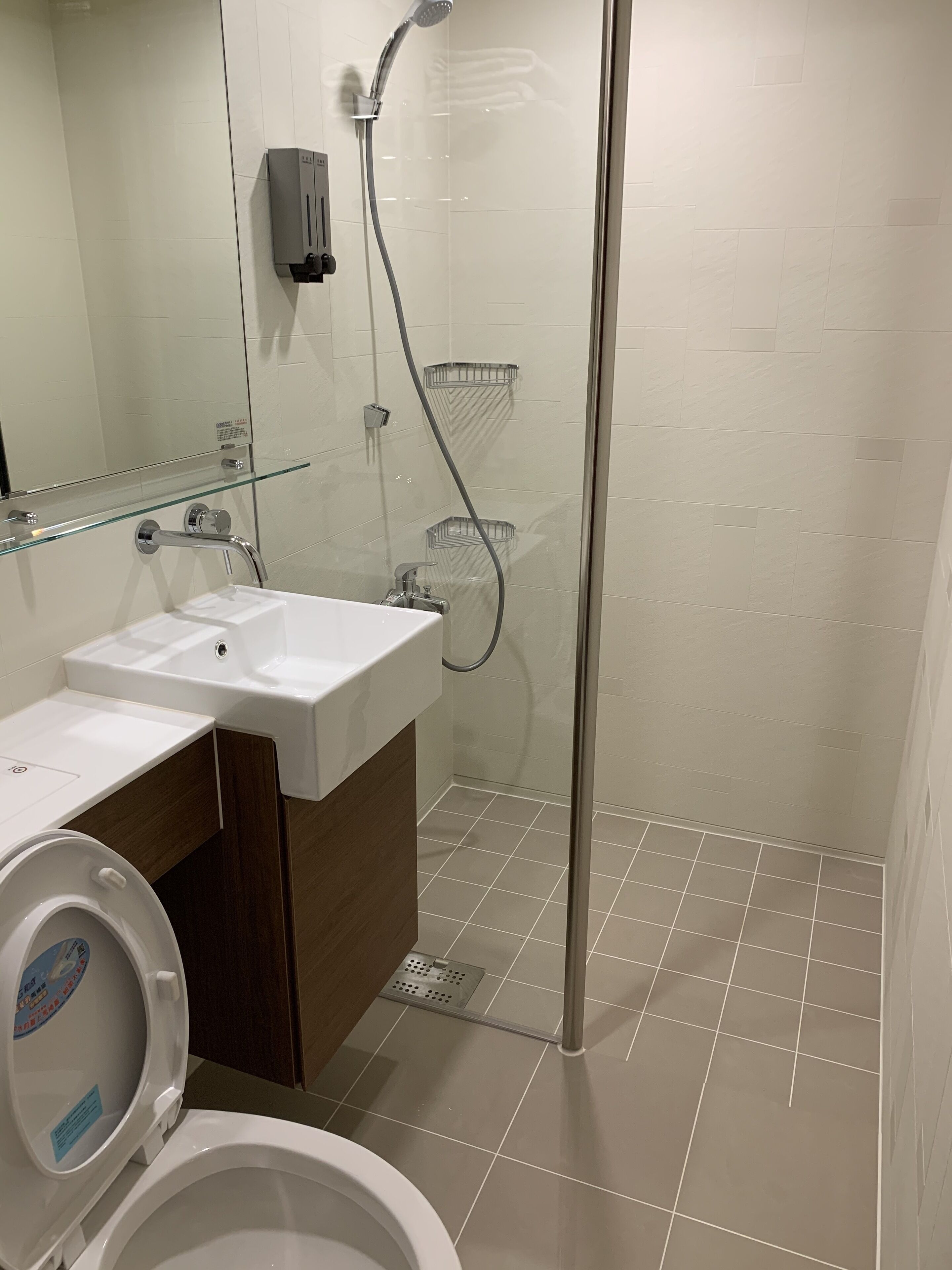 A modern bathroom with a glass shower enclosure, a white sink, and a toilet.