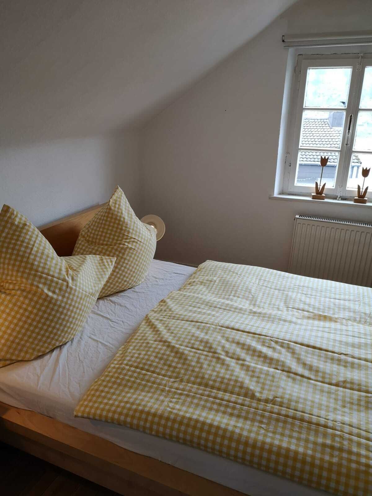 Un dormitorio con techo inclinado, una ventana con vistas al exterior y un radiador.
