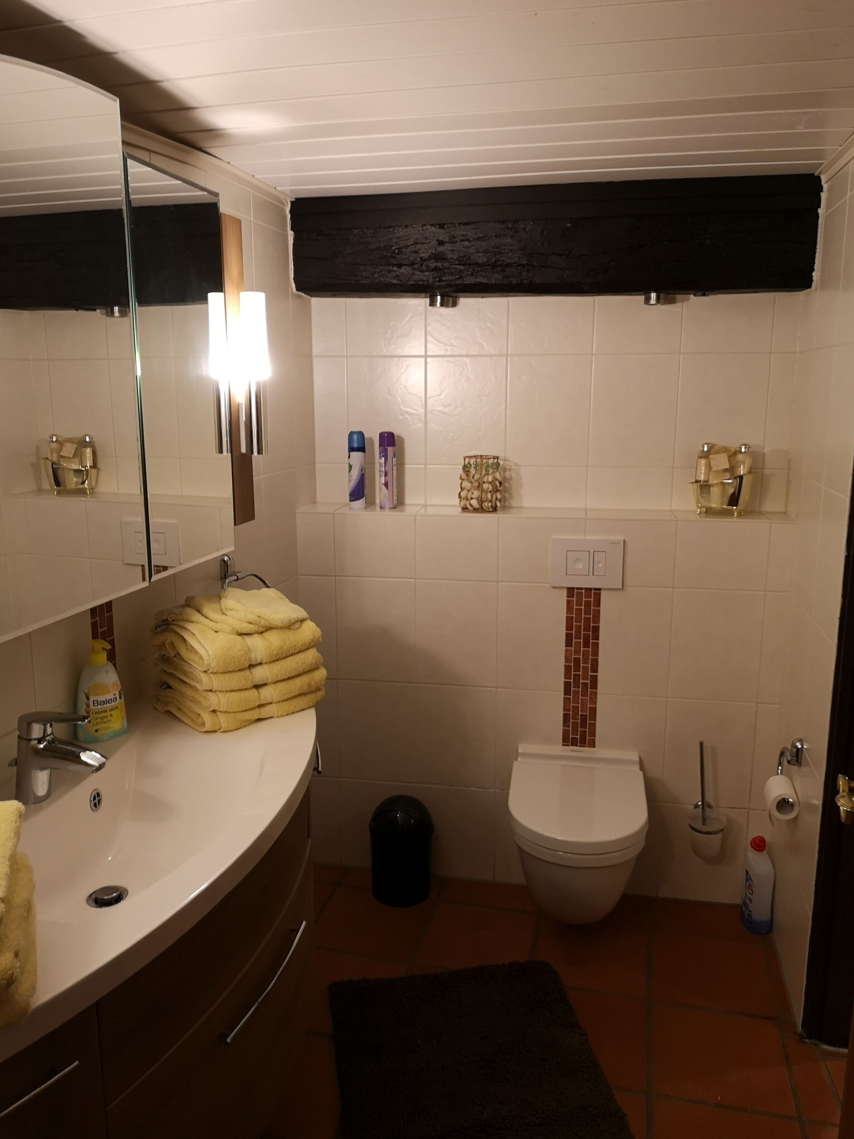 A bathroom with a white sink, a mirror, a toilet, and a black trash bin.