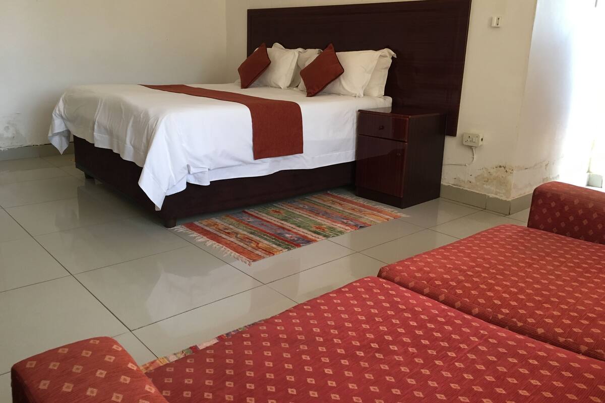 A bedroom with a bed, a nightstand, a patterned rug, and two red sofas.