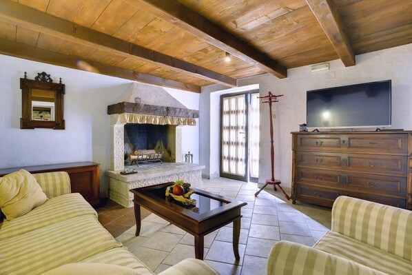 TV, fireplace, DVD player, music library