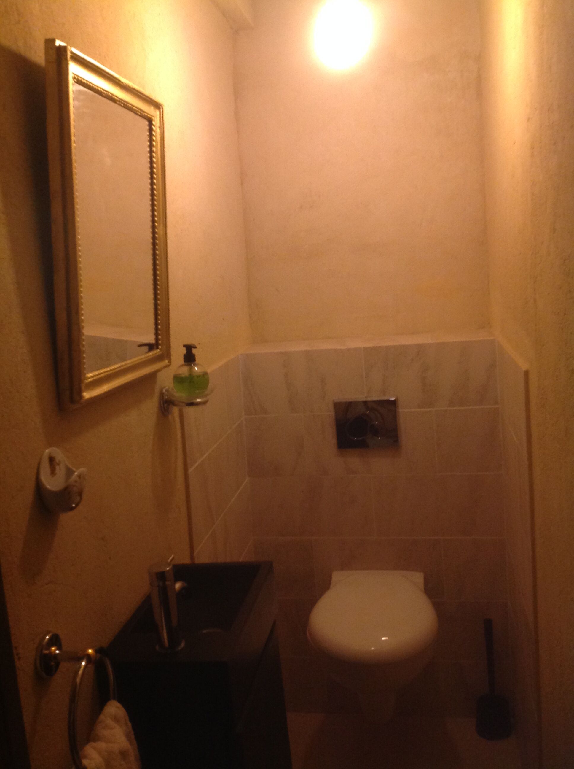Un baño con inodoro, lavamanos, espejo y perchero para toallas.