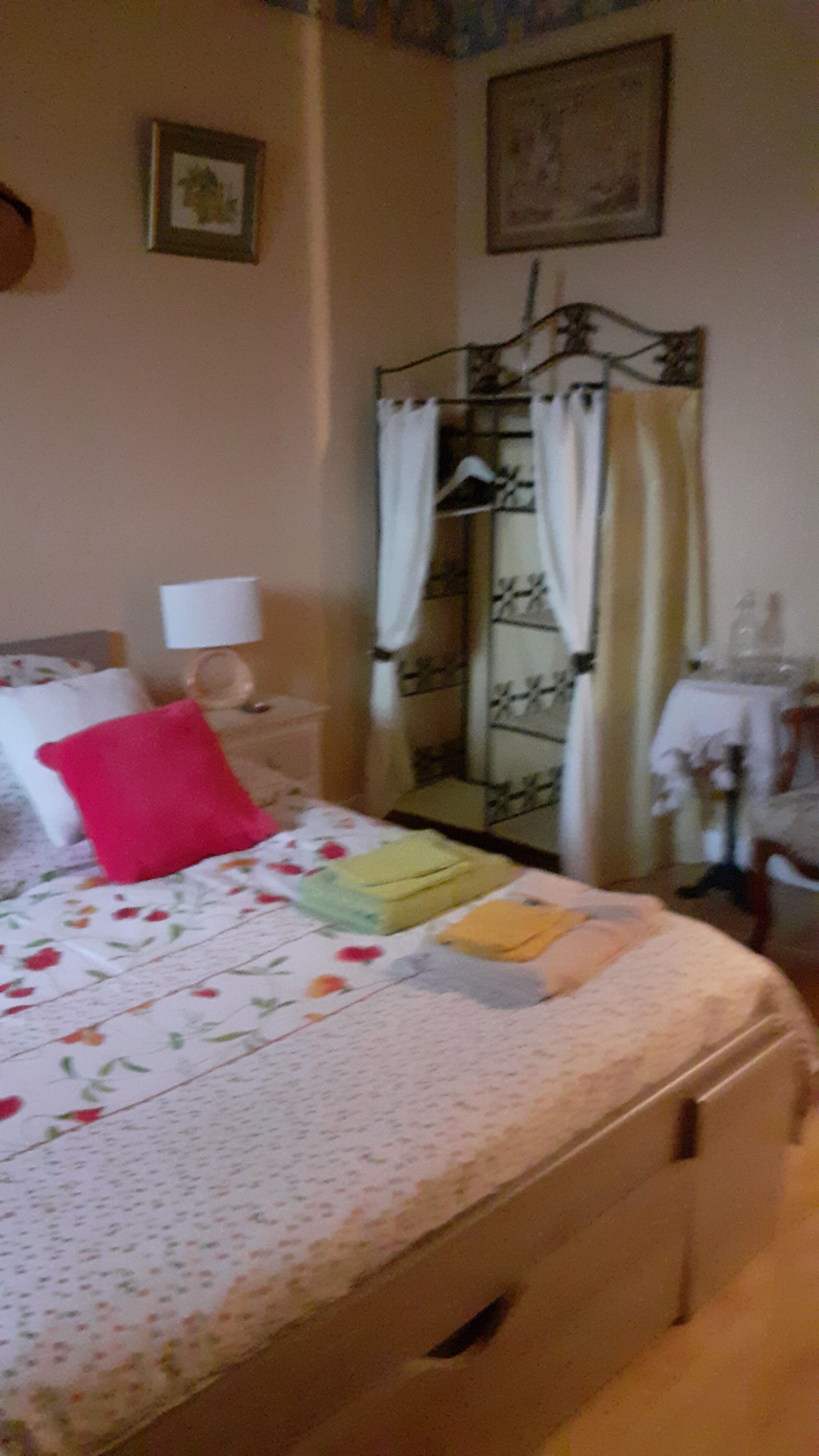 Een net opgemaakt bed met een bloemenprintdeken, een rood kussen en een nachtkastje met een lamp. Er staat een metalen garderobe met een spiegel en een klein tafeltje met een lamp.