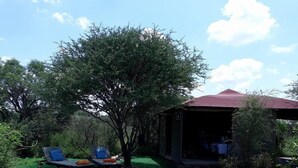 Un patio circular con un brasero, rodeado de césped artificial verde y una zona de estar cubierta con sillones.