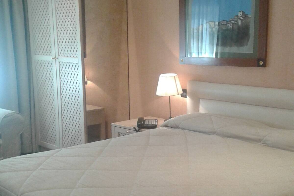 A hotel room with a large bed, a nightstand with a lamp, a telephone, and a wardrobe.