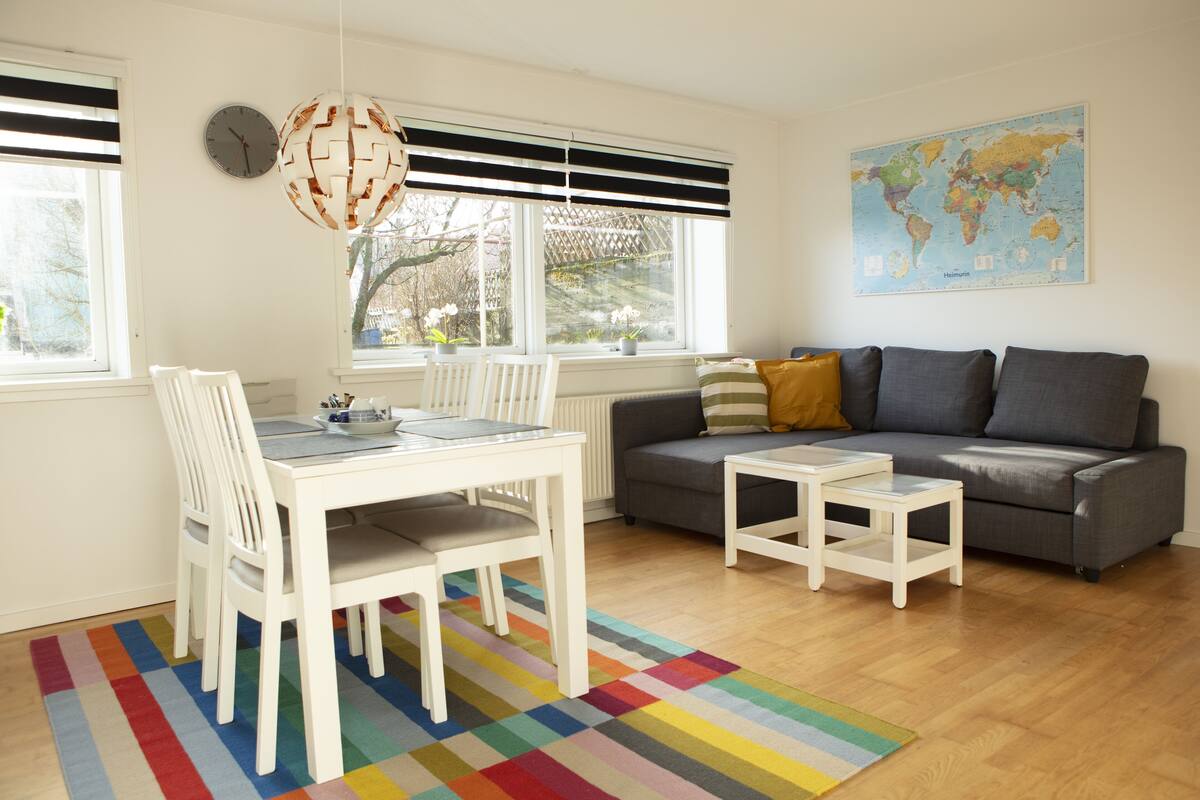 En moderne stue med et spisebord, stole, en grå sofa og en farverig stribet måtte.