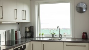 A modern kitchen with a large window, stainless steel appliances, and minimalist cabinetry. - Mørk Apartments (Tórshavn)