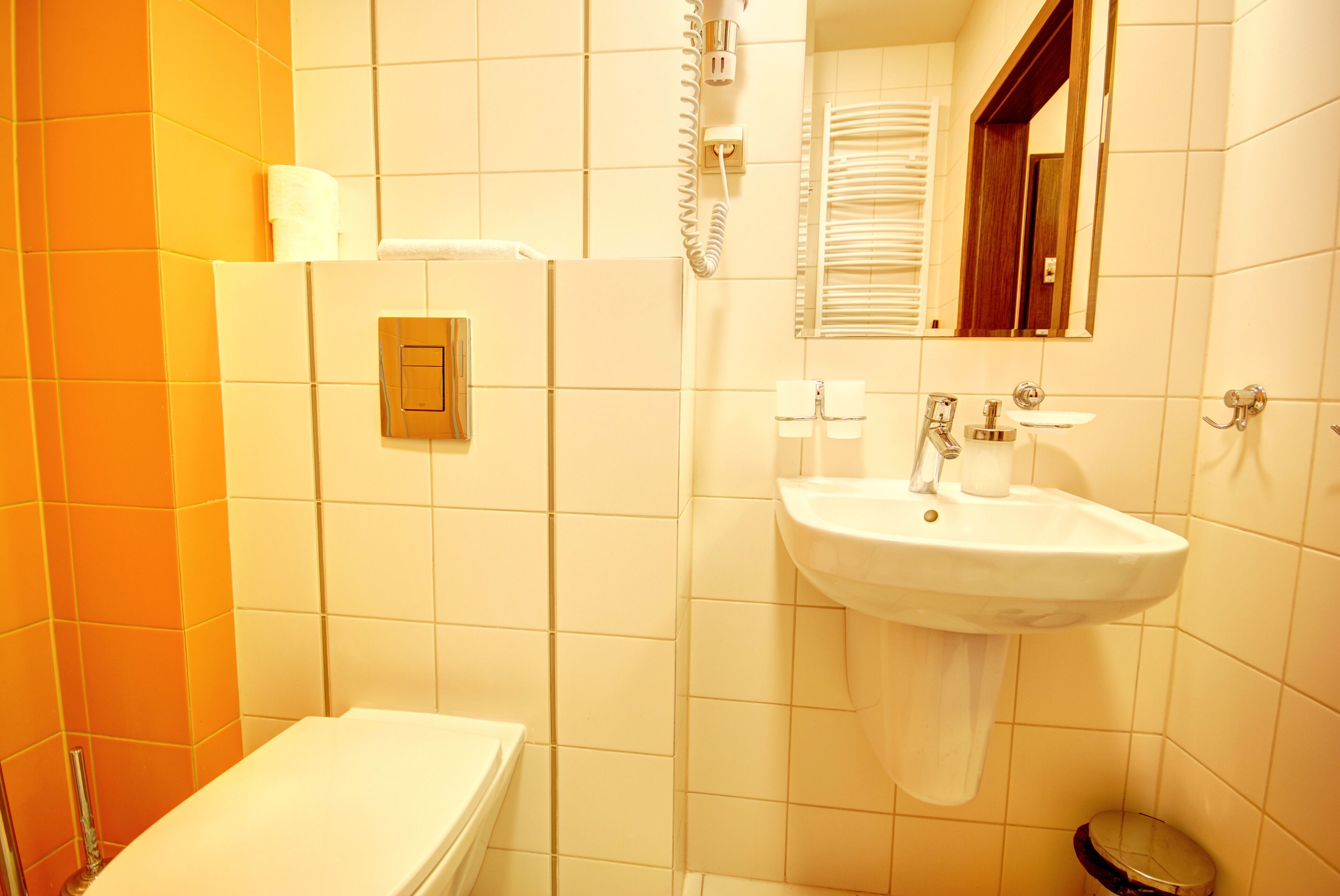 A bathroom with a toilet, sink, and mirror.