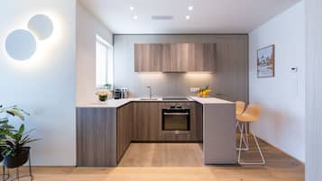 Executive apartman, 1 hálószobával | Privát konyha | Hűtőszekrény, mikrohullámú sütő, főzőlap és kávéfőző