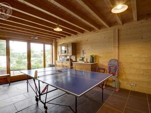 Ein Tischtennistisch in einem Raum mit Holzwänden und -decke, ein Fenster mit Blick auf Grünflächen und ein Fahrrad in der Ecke.