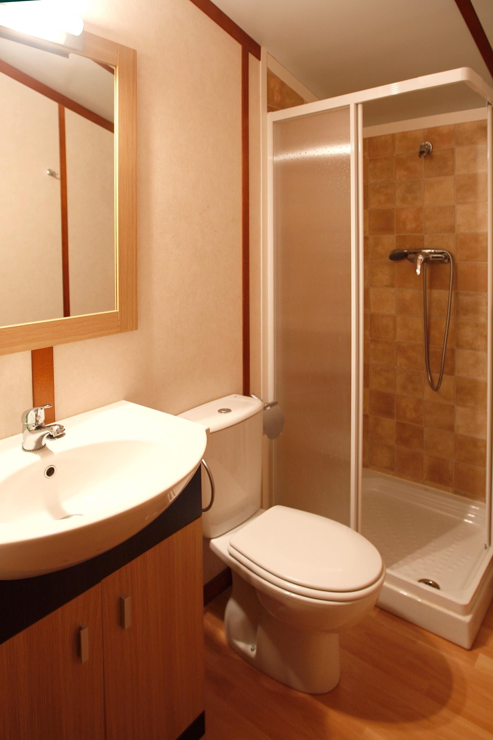 A bathroom with a sink, toilet, and shower.