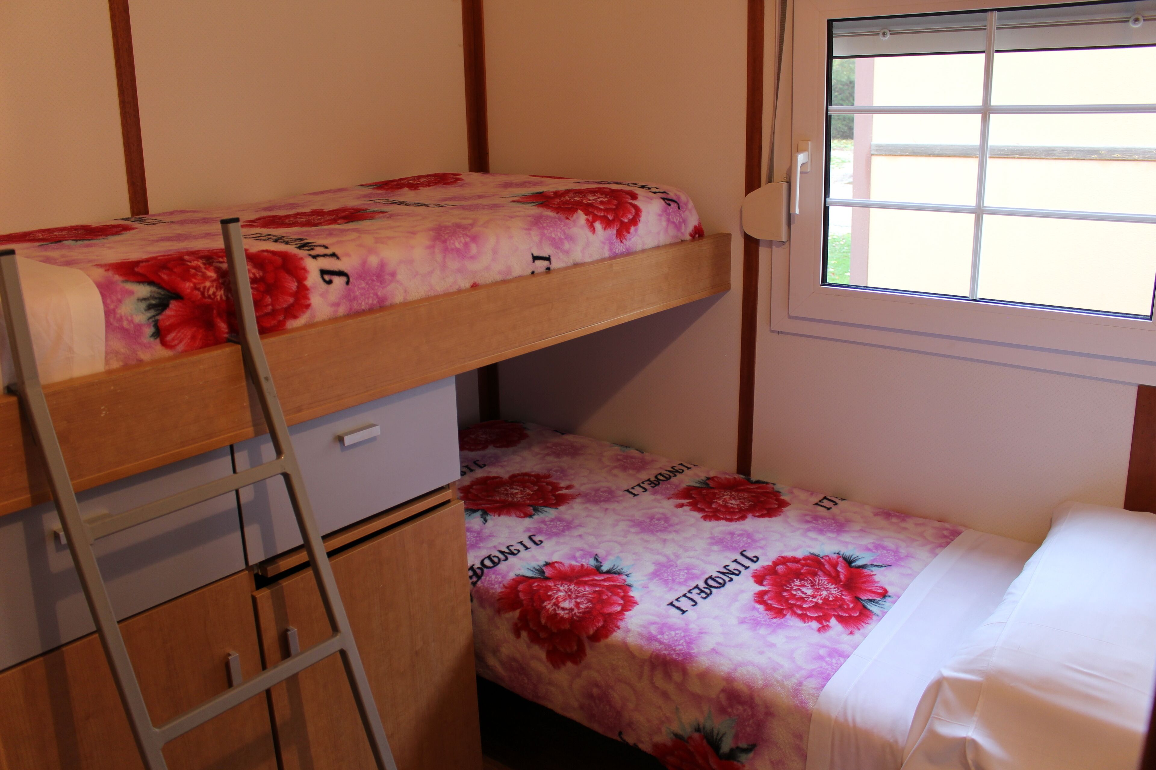 A bunk bed with a floral bedspread, a ladder, and a window with a view of the outside.
