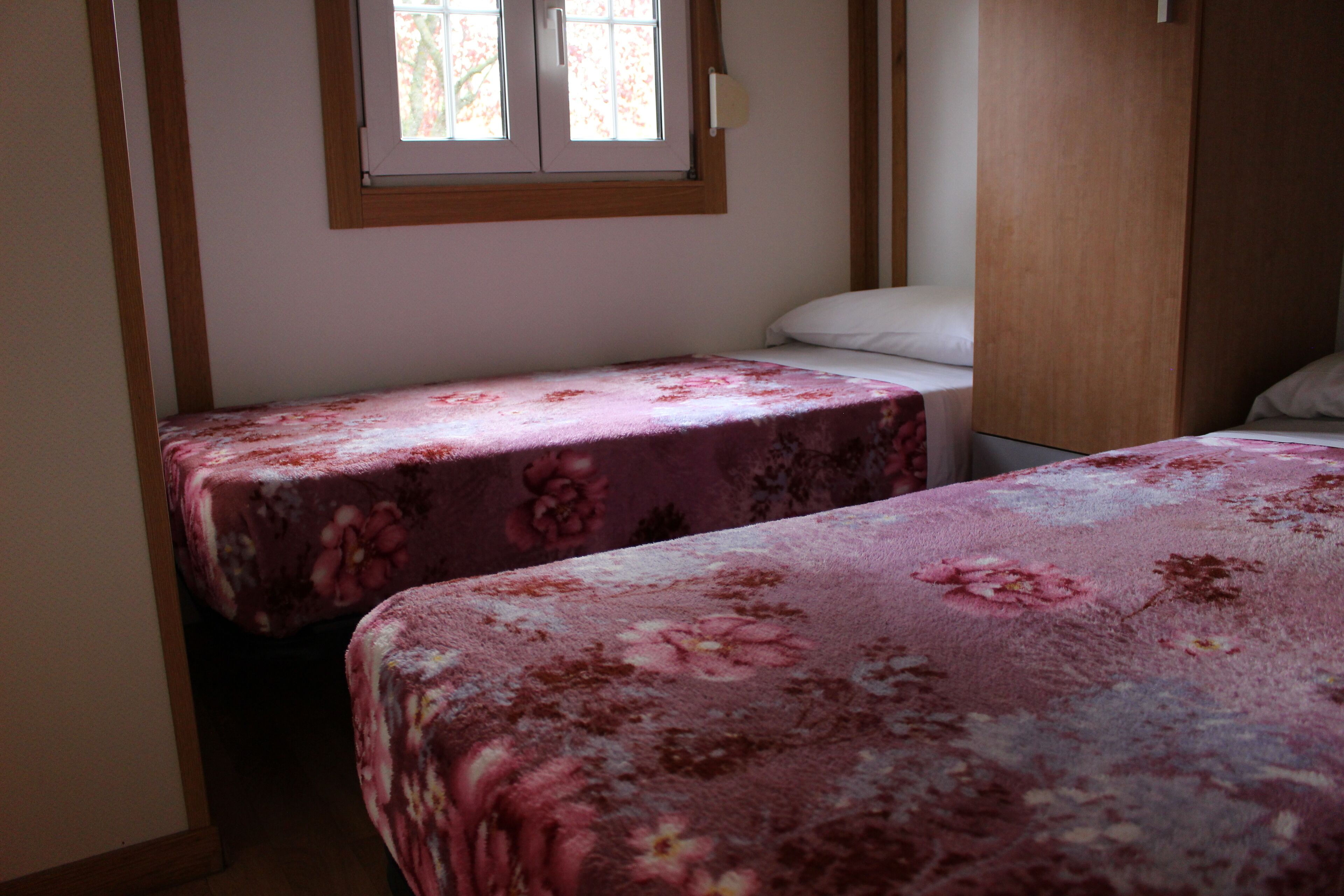 A small bedroom with two single beds, a wooden wardrobe, and a window with a view of trees.