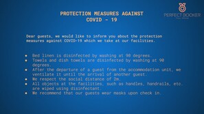 A slide with text about COVID-19 protection measures at a hotel. - Sir George Luxury Suites (Split)