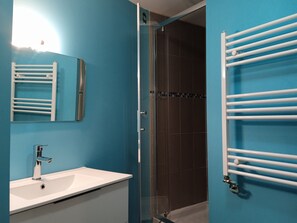 A bathroom with a white sink, a mirror, and a glass-enclosed shower area. - Large gîte with indoor swimming pool (Charbogne)