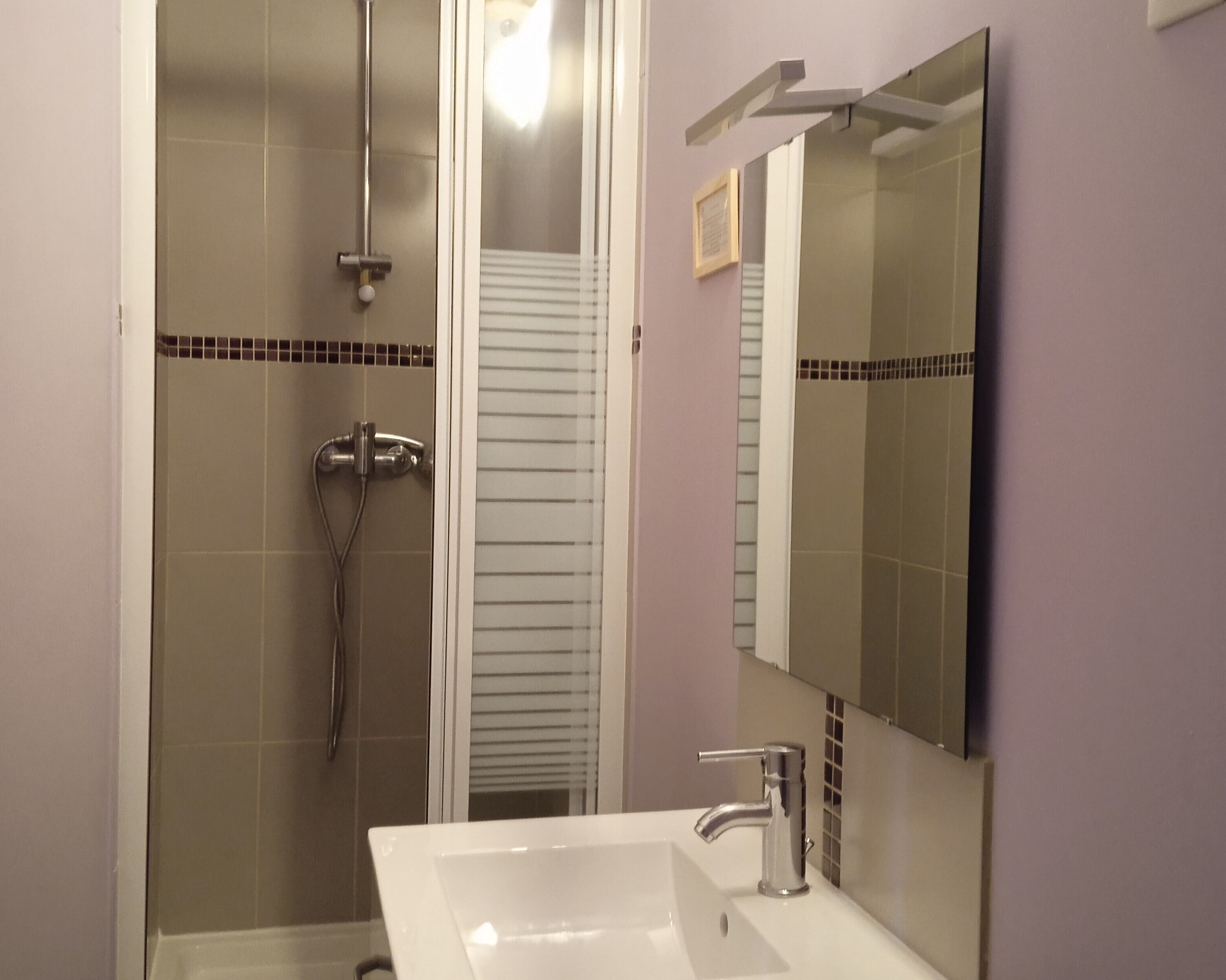 Une salle de bain avec une douche, un lavabo et un miroir.