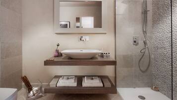 Villa, Private Pool | Bathroom | Separate bathtub and shower, hair dryer, towels, soap