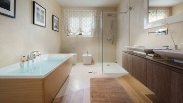 Villa, Private Pool | Bathroom | Separate bathtub and shower, hair dryer, towels, soap