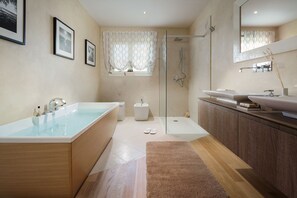 Villa, Private Pool | Bathroom | Separate tub and shower, hair dryer, towels, soap