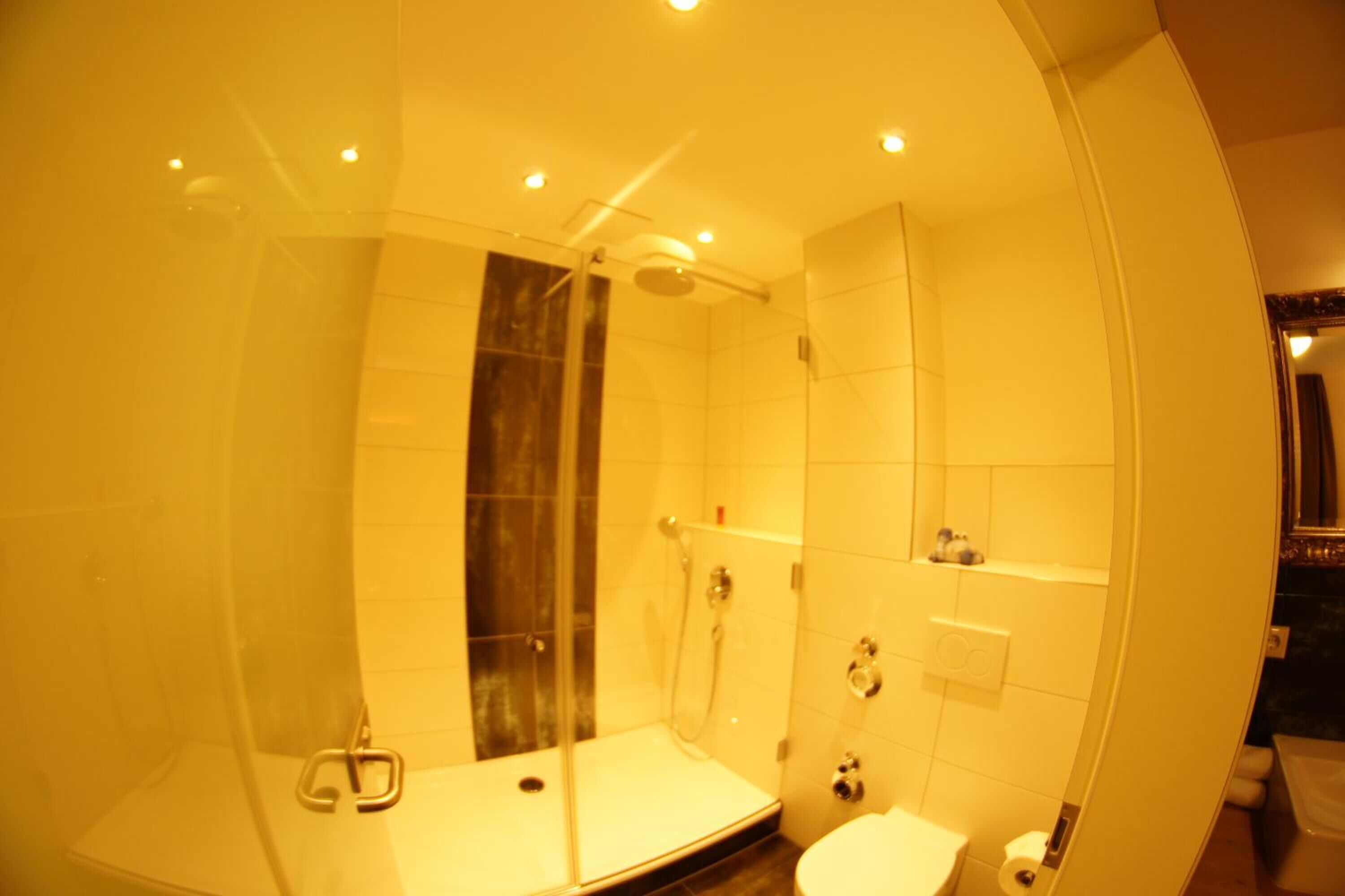A modern bathroom with a glass-enclosed shower, a toilet, and a sink.