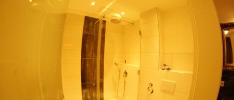 A modern bathroom with a glass-enclosed shower, a toilet, and a sink.