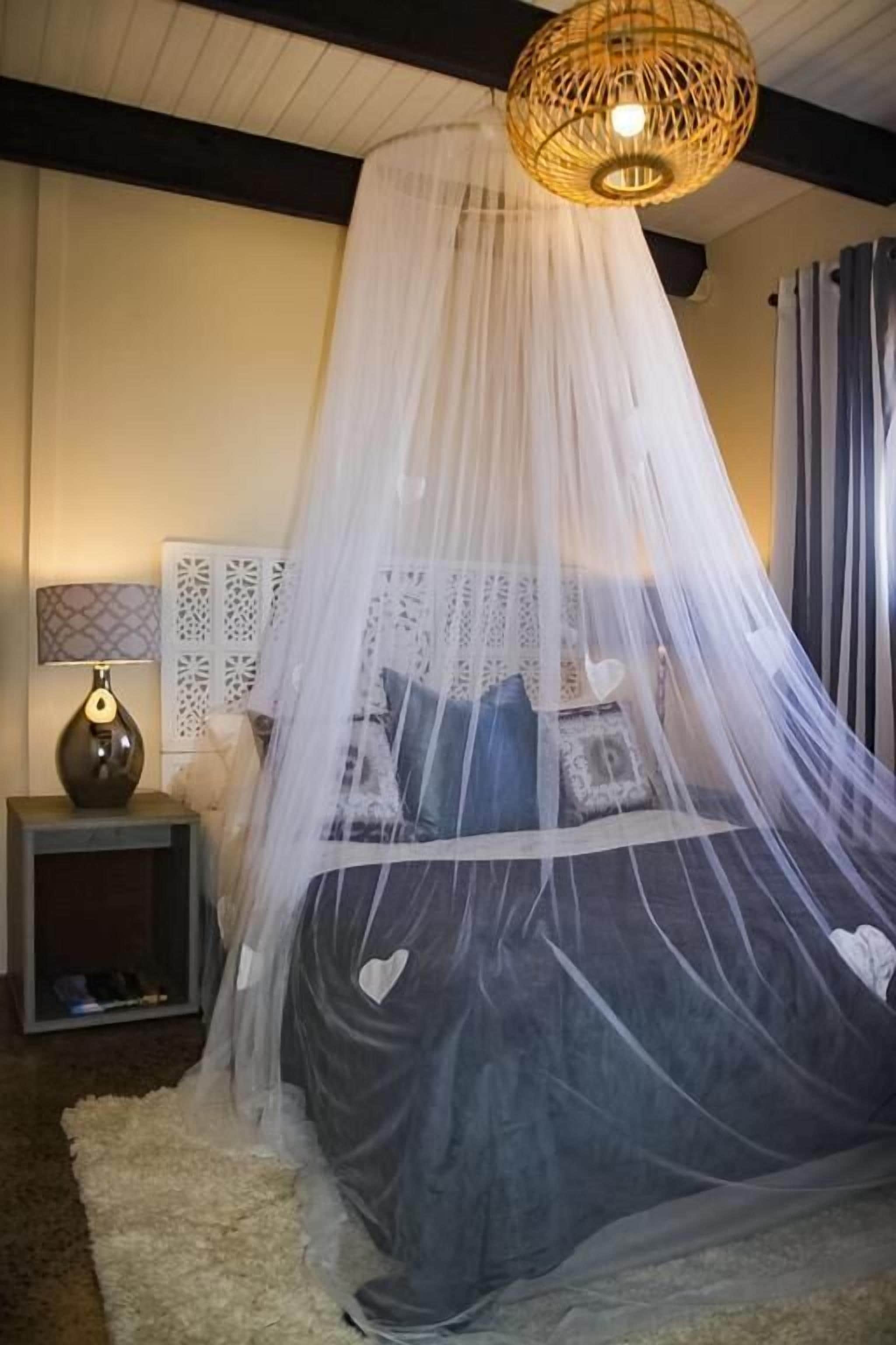 A bedroom with a canopy bed, a bedside lamp, and a decorative ceiling light.