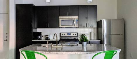 Fridge, microwave, oven, stovetop