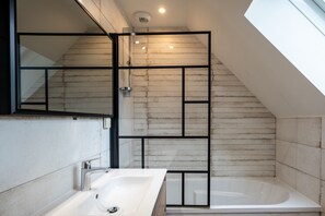 Bathtub, hair dryer, towels, toilet paper