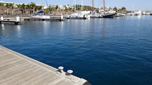 Una marina con varios barcos amarrados, un muelle de madera y cielo despejado.