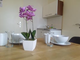 Fridge, stovetop, coffee/tea maker, electric kettle
