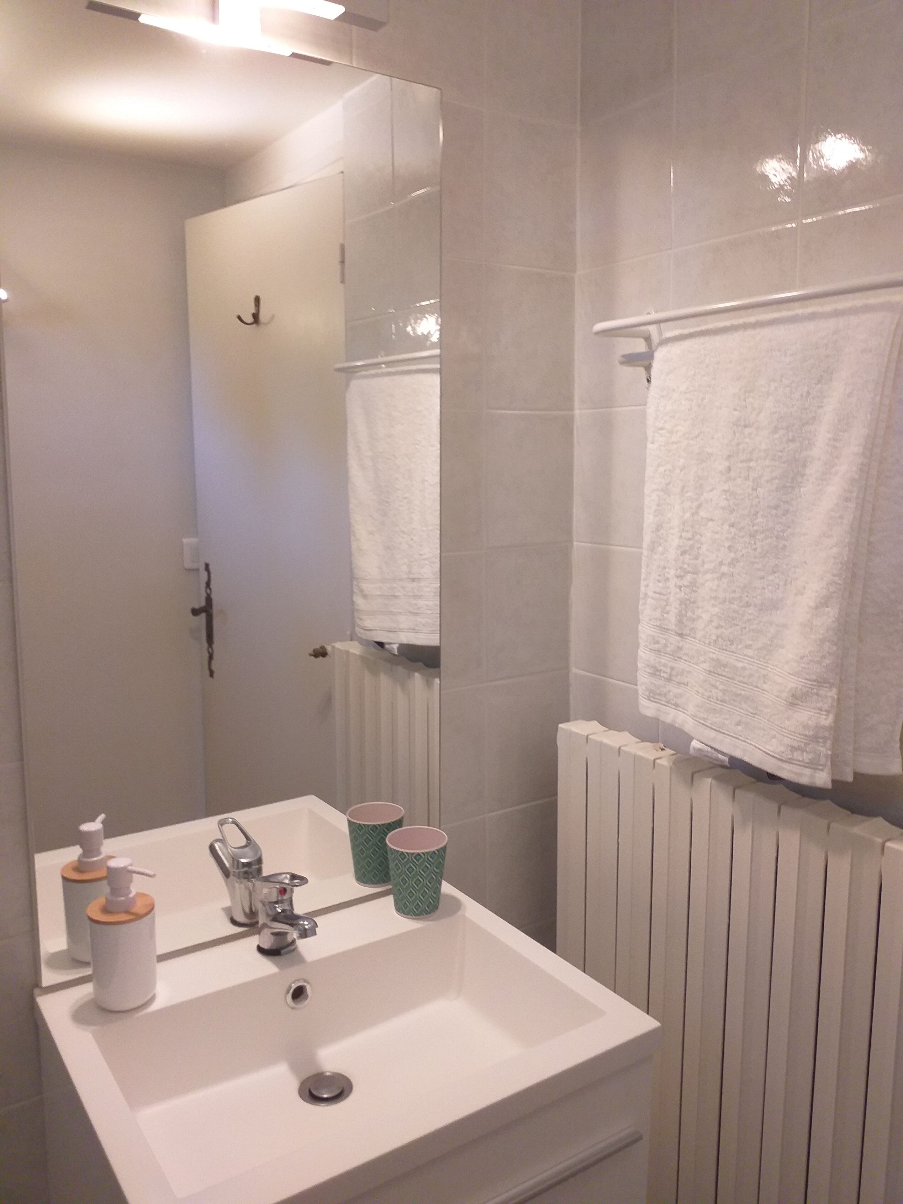 Een badkamer met een witte wastafel, spiegel en handdoekhouder.