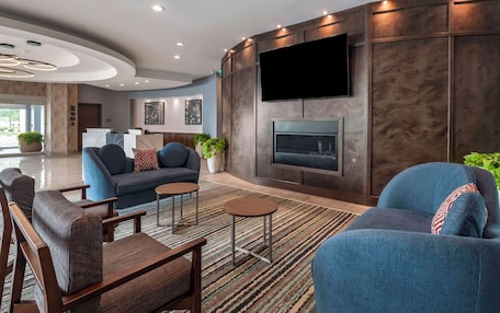 A modern living room with a fireplace, sofas, and a TV mounted on the wall.