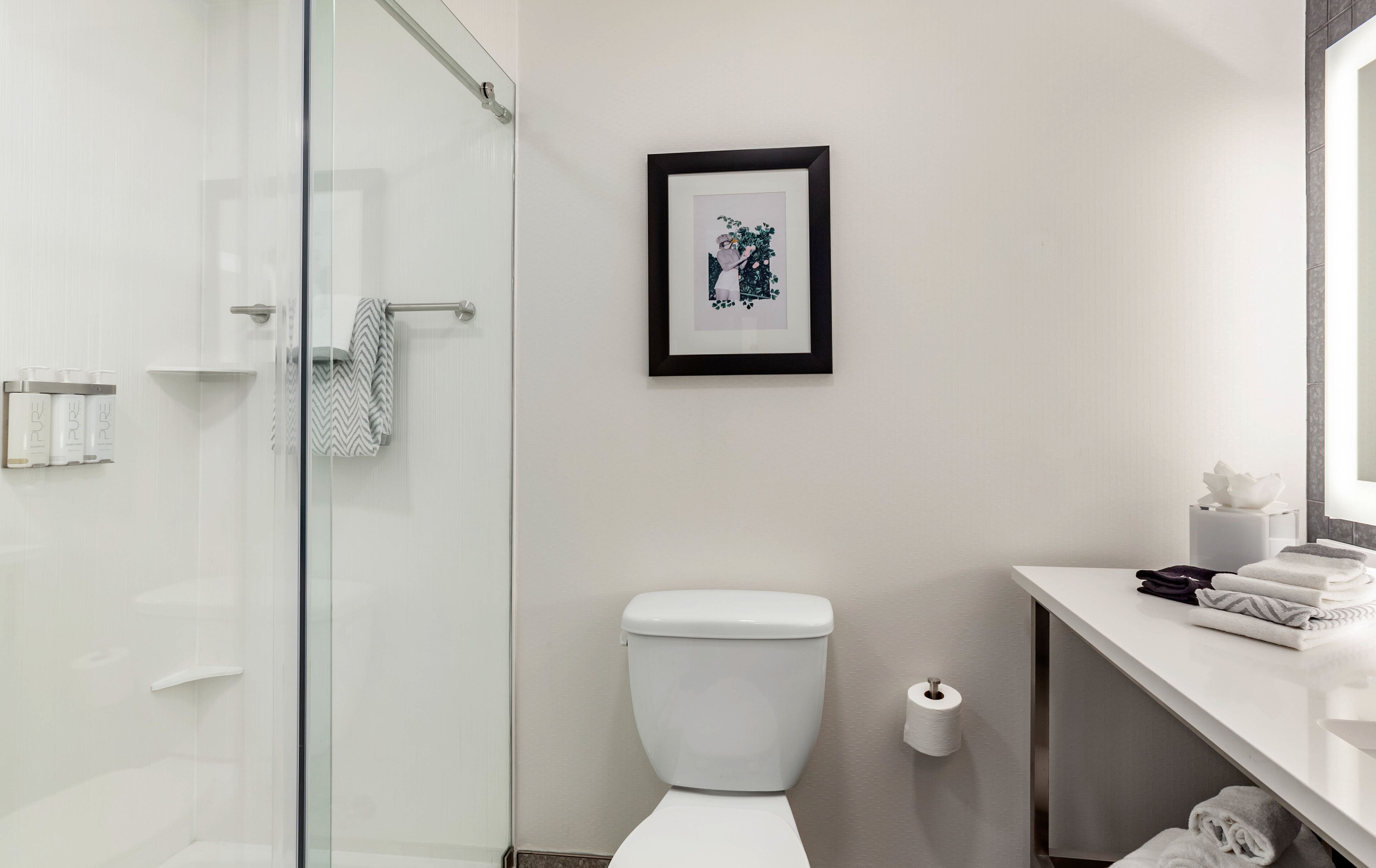 A modern bathroom with a glass shower enclosure, a toilet, and a framed artwork on the wall.