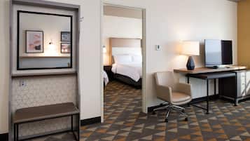 Desk, laptop workspace, blackout drapes, iron/ironing board