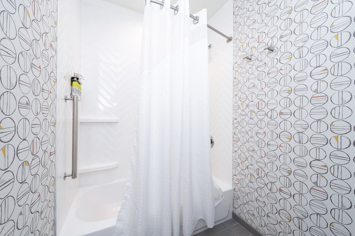 Hair dryer, towels, soap, shampoo