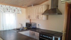 Una cocina equipada con microondas, horno y lavabo.