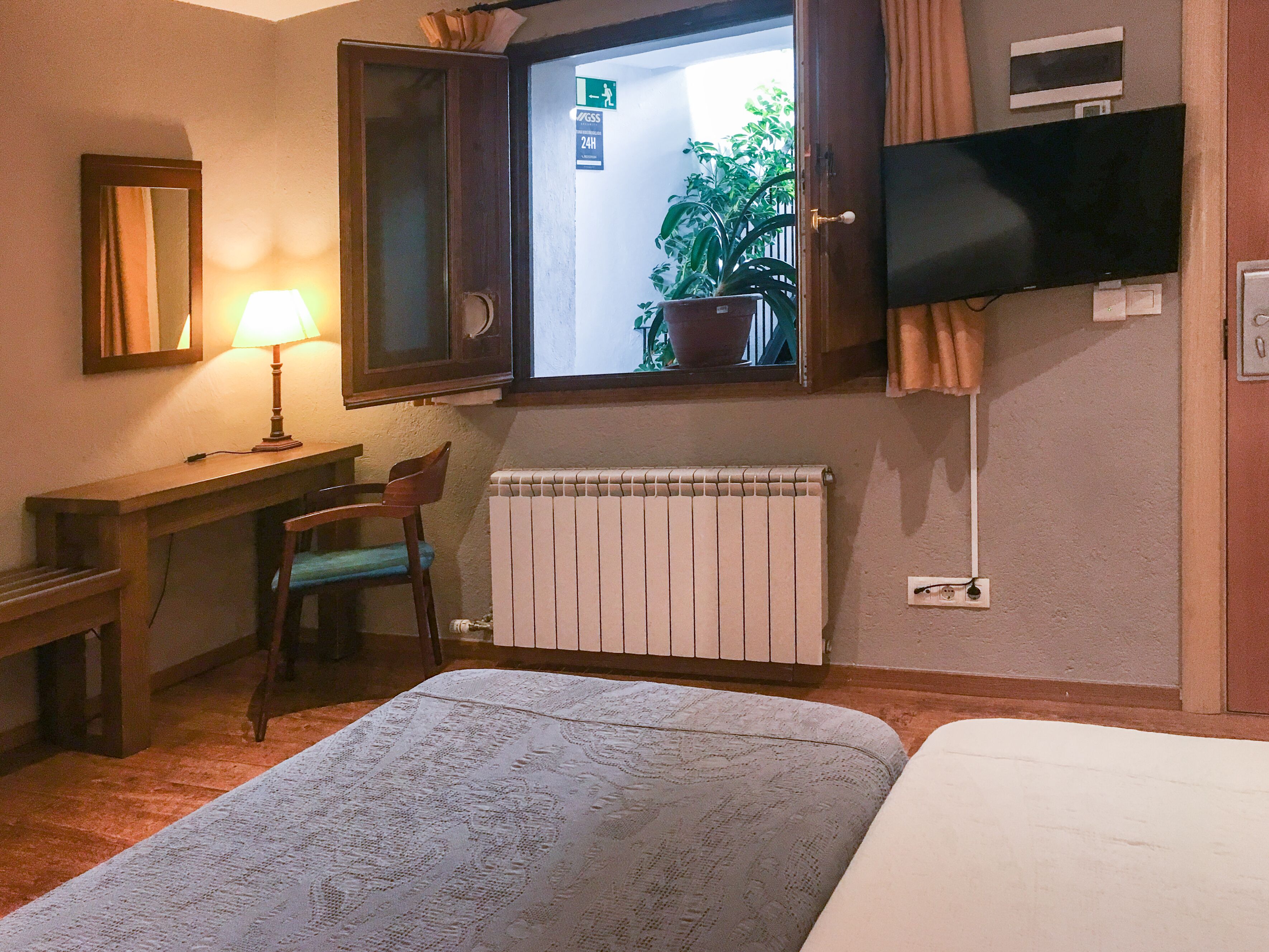 Habitación de hotel con cama, escritorio con lámpara, silla, radiador, televisión y ventana con vista a una planta exterior.