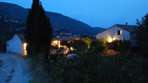 Una casa rural con un camino de tierra que la lleva a ella, rodeada de vegetación y una montaña al fondo.