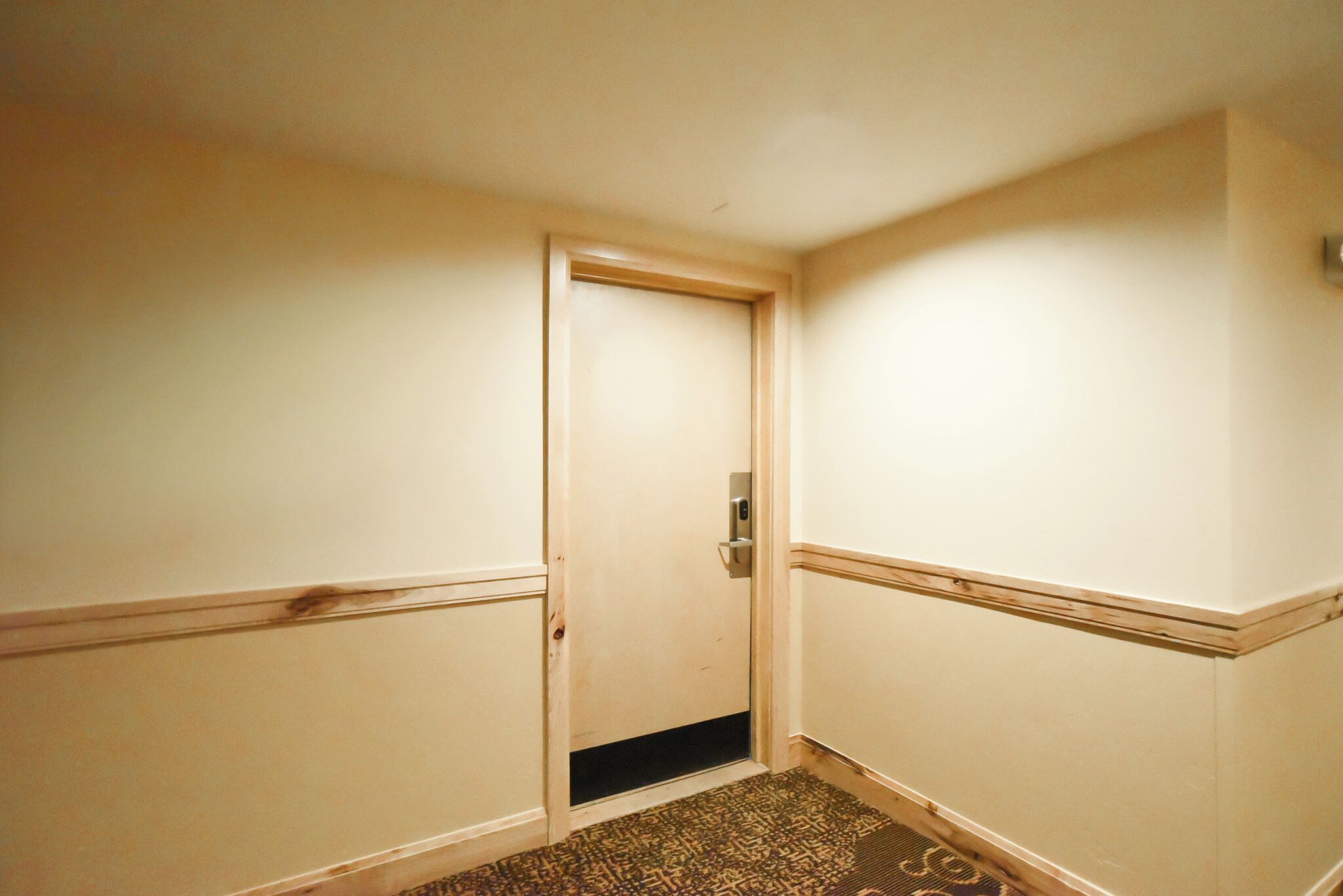A narrow hallway with a door at the end, a patterned carpet, and light-colored walls with trim.