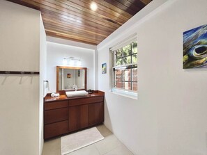 Chuveiro, secador de cabelo, toalhas de banho 