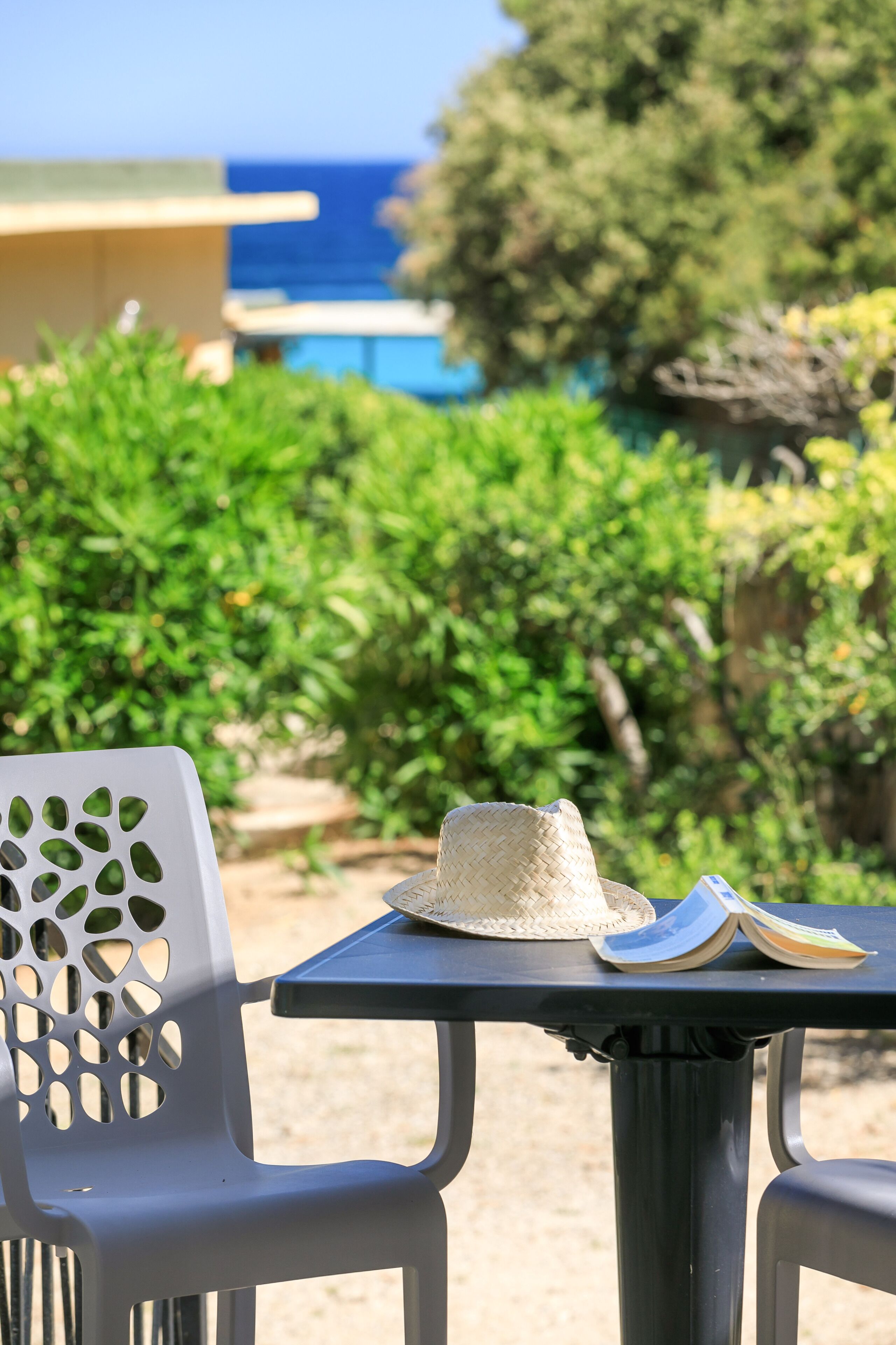 A table with a hat and book, surrounded by greenery and a building in the background.