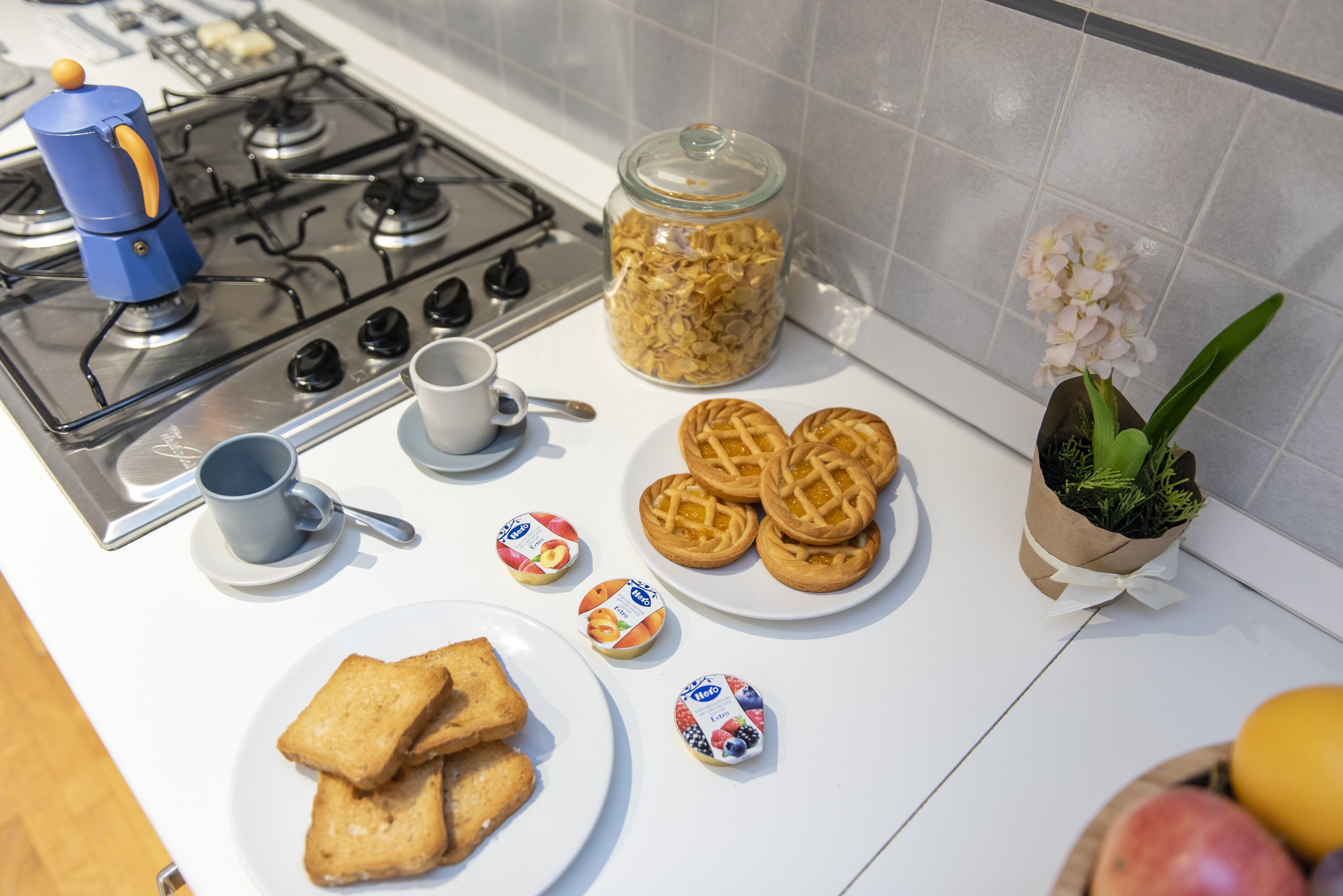 A kitchen counter with a gas stove, a coffee maker, a jar of cereal, waffles, and a potted orchid.