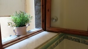 A potted plant on a windowsill with a view of a tiled wall and a wooden frame. - Appartamento Ruote (Florence)