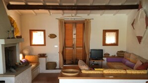 Una sala de estar con sofá, televisor y chimenea.