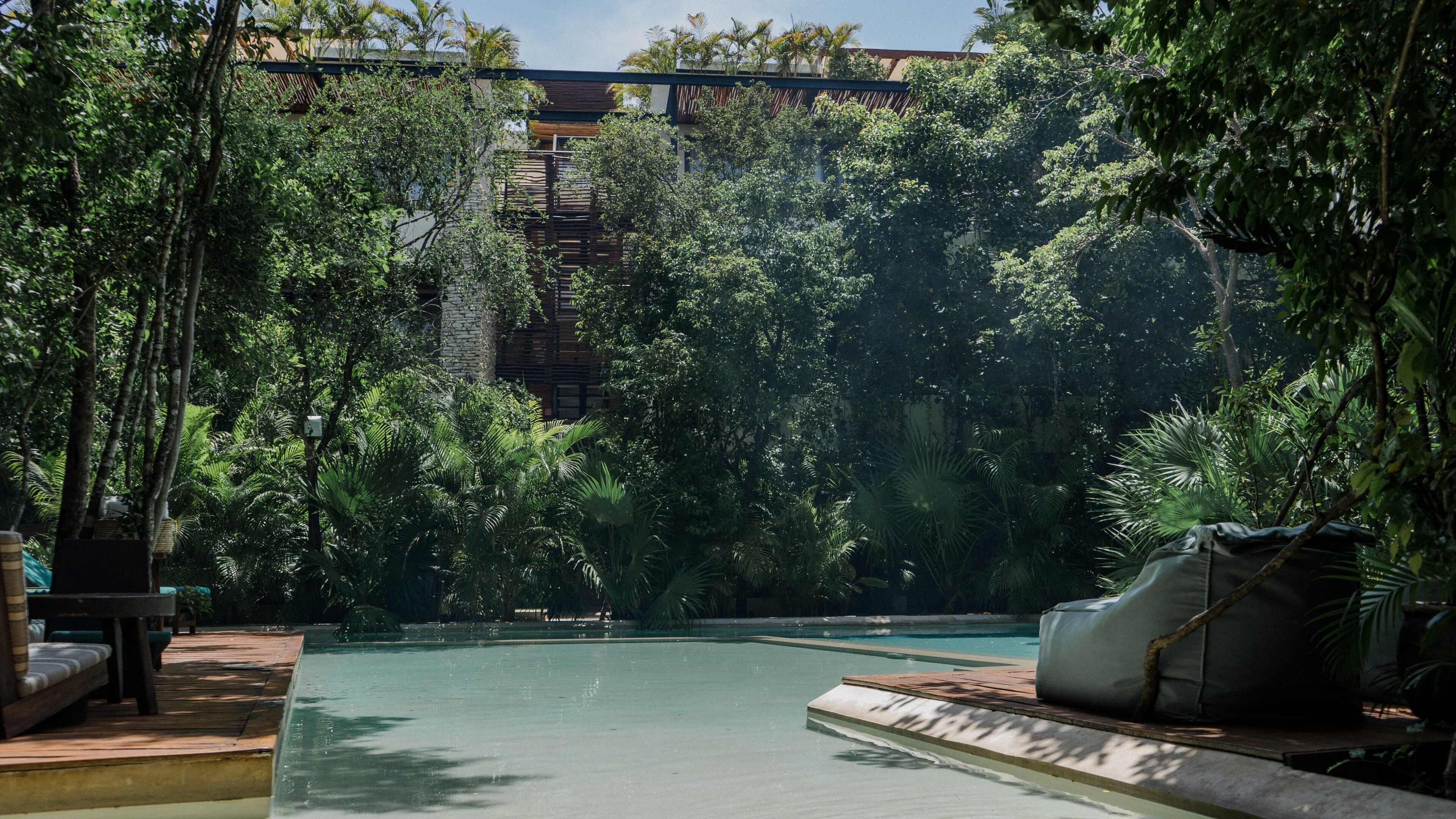 Una piscina rodeada de abundante vegetación, con una terraza de madera y sillones de descanso.