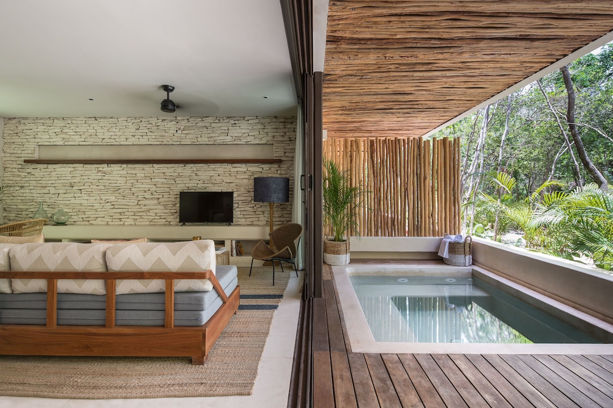 Copal Tulum Hotel lounging area then a plunge pool in the patio area