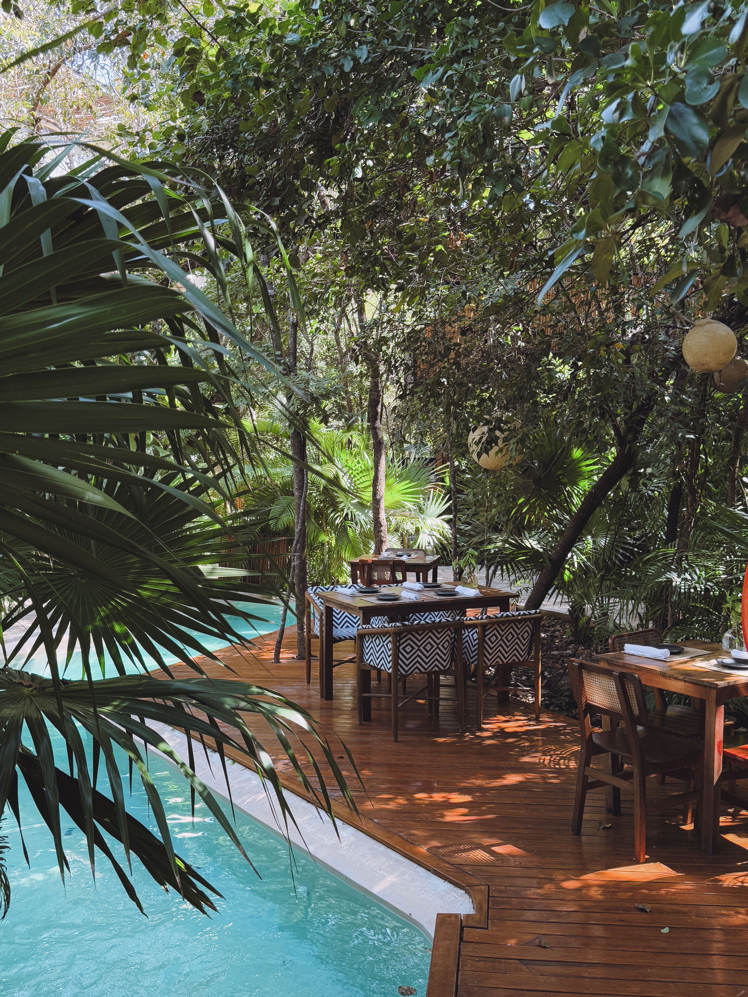 A wooden deck with a pool, surrounded by lush greenery and trees.